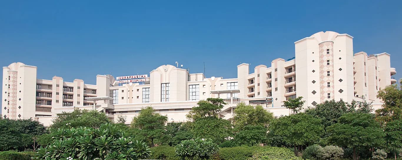 Front exterior of Indraprastha Apollo Hospital in Sarita Vihar, Delhi